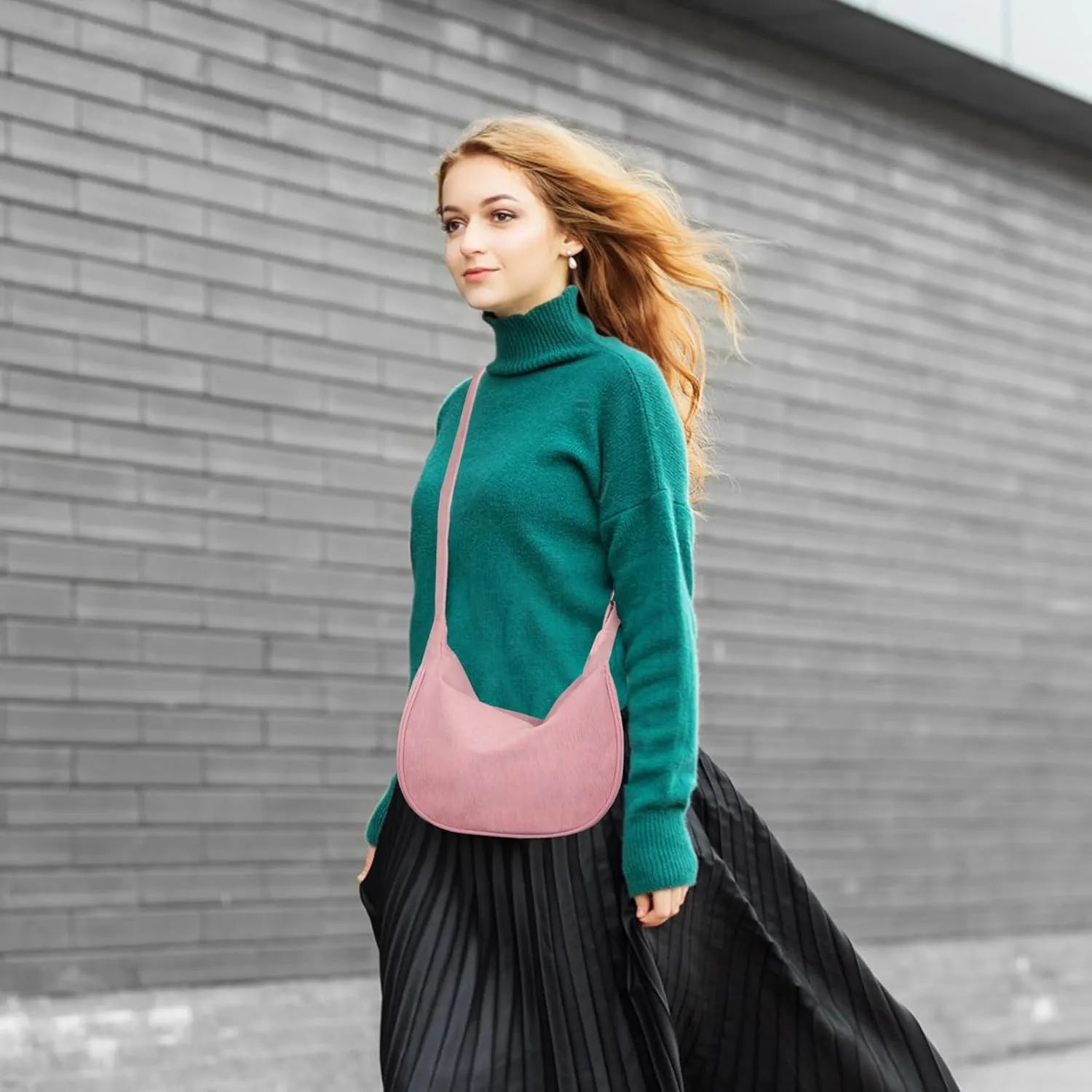 FITDON Corduroy Crescent Crossbody Bag for Women Men, Small Sling Hobos Dumpling Bag Crescent Purse