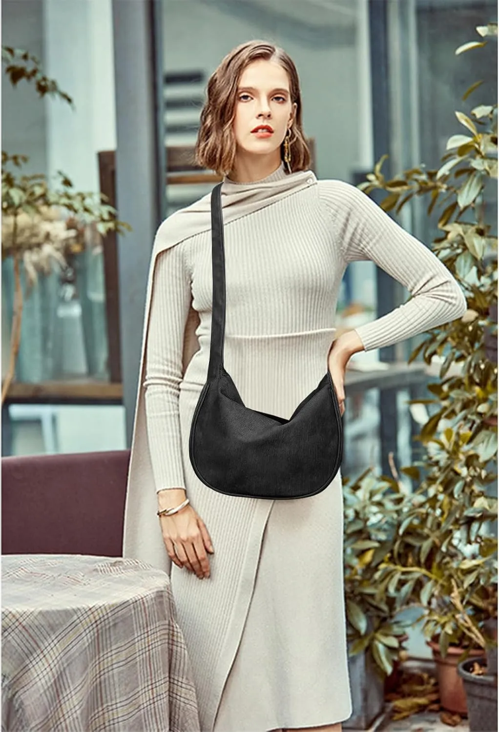 FITDON Corduroy Crescent Crossbody Bag for Women Men, Small Sling Hobos Dumpling Bag Crescent Purse