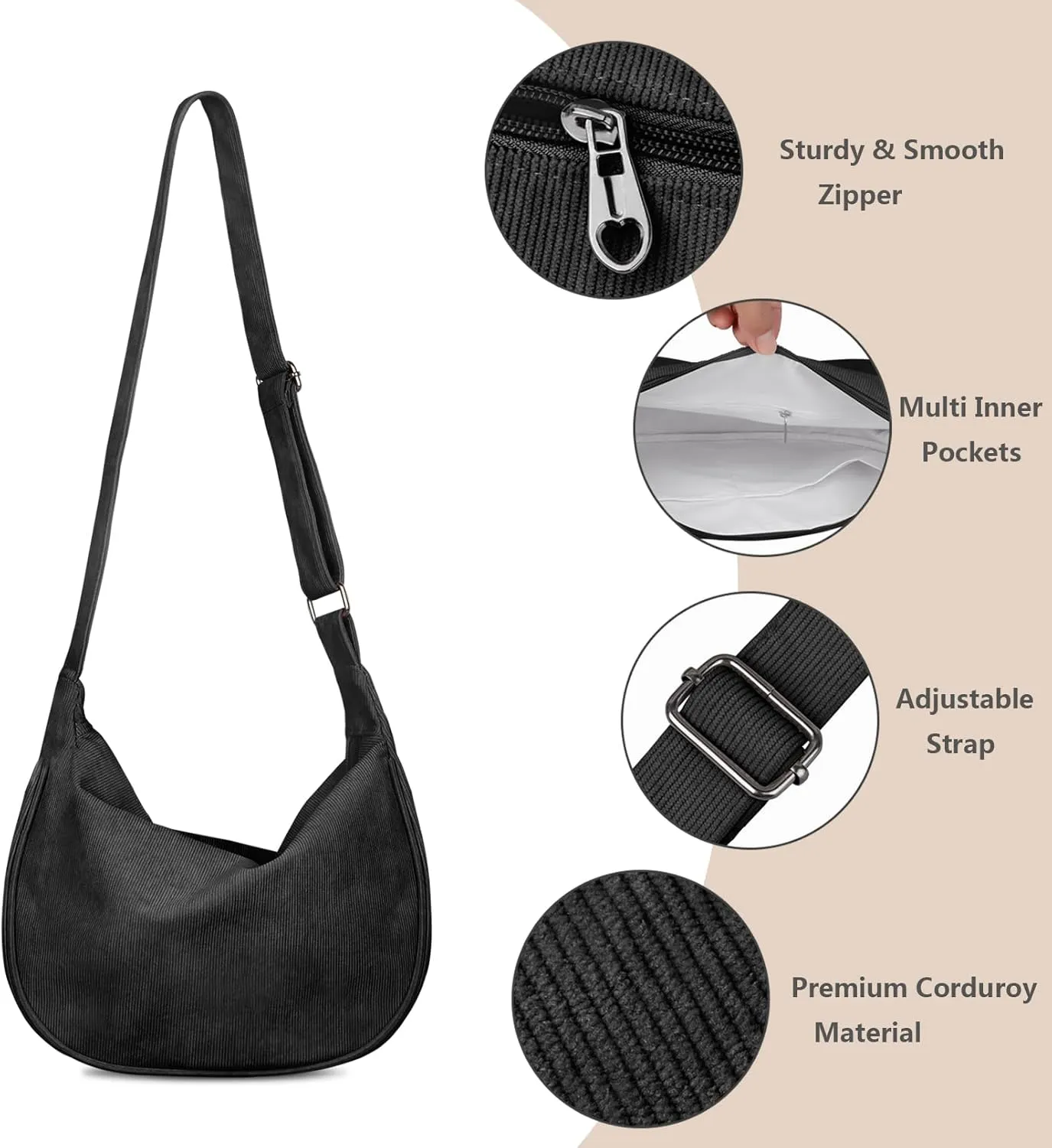 FITDON Corduroy Crescent Crossbody Bag for Women Men, Small Sling Hobos Dumpling Bag Crescent Purse