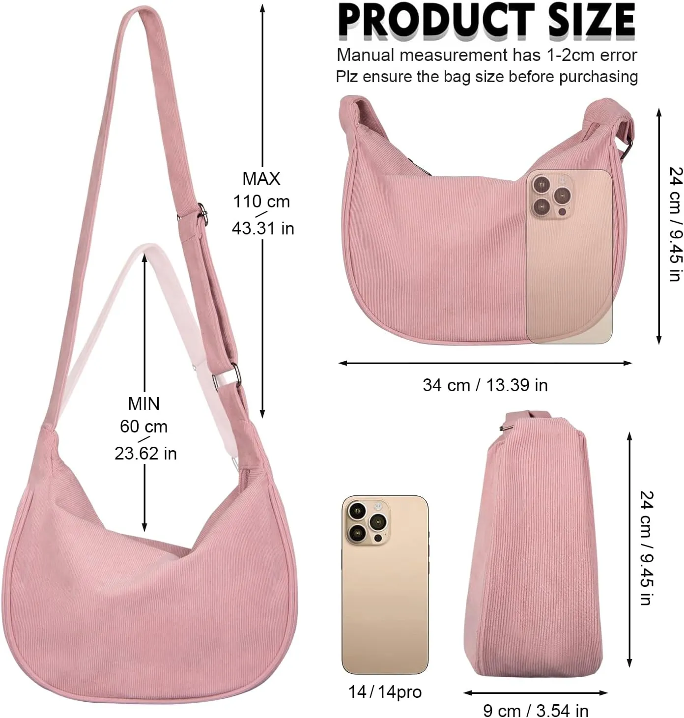 FITDON Corduroy Crescent Crossbody Bag for Women Men, Small Sling Hobos Dumpling Bag Crescent Purse