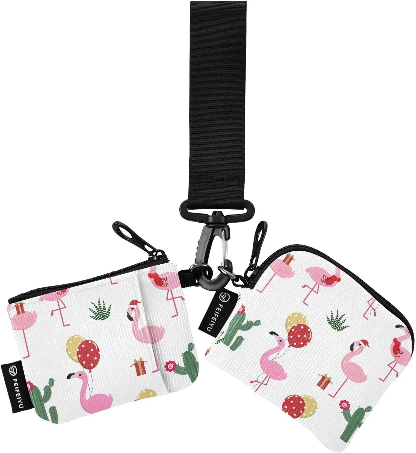 Flamingos Cactus and Balloons Wristlet Wallet for Women, Detachable Dual Pouch Wristlet, Mini Zip Around Wallet Portable Coin Purses
