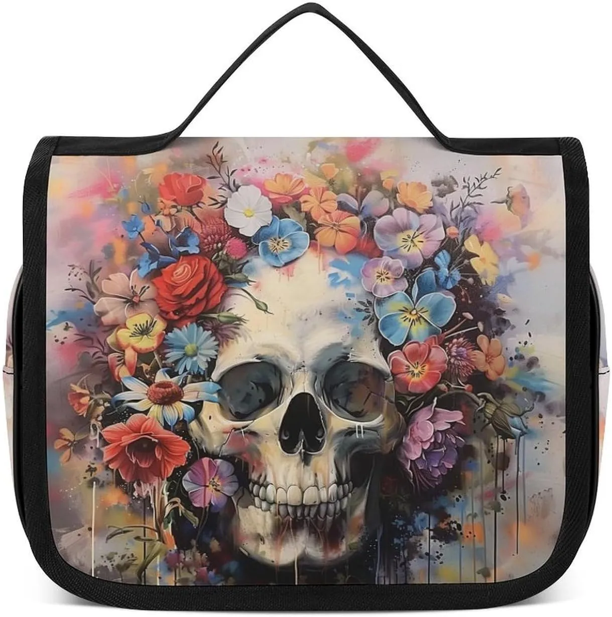 Floral Skull Portable Toiletry Bags,Travel Makeup Bags,Travel Cosmetic Bags,with Handle,Large Capacity