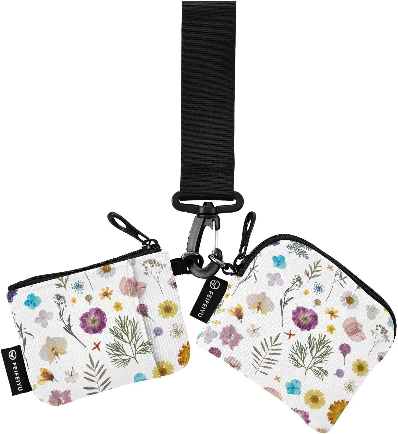 Flower Pattern Small Wallet for Women Portable Wristlet Keychain Coin Purse with 2 Zipper Pouches
