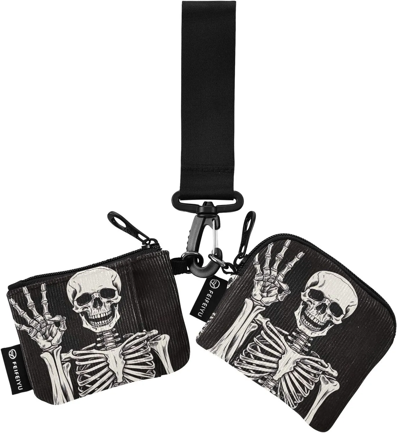 Funny Skeleton Zip Around Wristlet Wallet for Women Portable Detachable Dual Pocket Keychain Wallet Wrist Wallet
