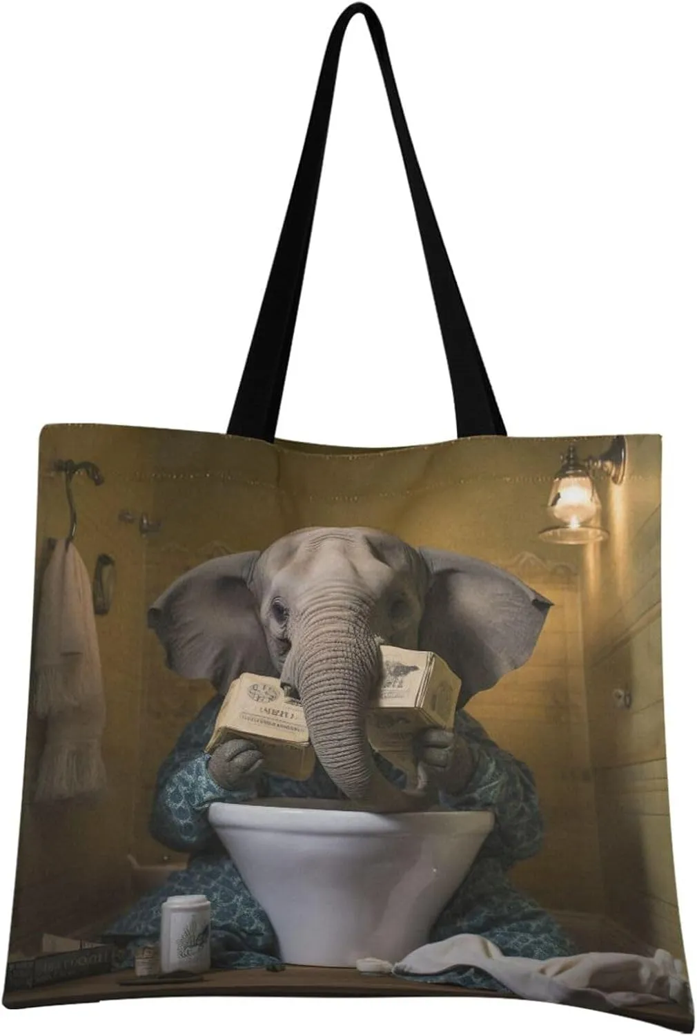 Funny Toilet Elephant Tote Bag for Women Canvas Shoulder Handbags Reusable Grocery Bags Large Purse with Inner Pocket 214a6897