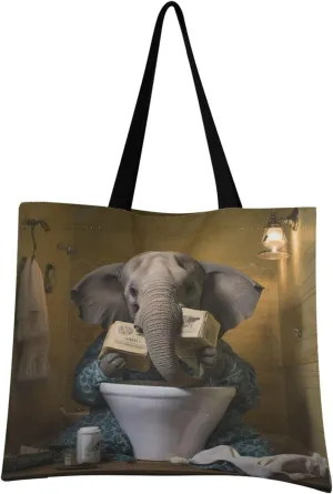 Funny Toilet Elephant Tote Bag for Women Canvas Shoulder Handbags Reusable Grocery Bags Large Purse with Inner Pocket 214a6897
