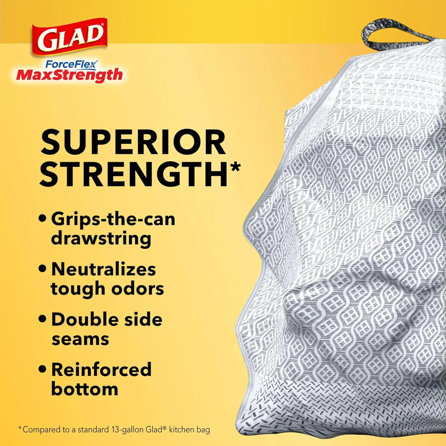 Glad ForceFlex MaxStrength with Clorox Trash Bags, 13 Gal, Lemon Fresh Bleach, 90 Ct, Pack May Vary
