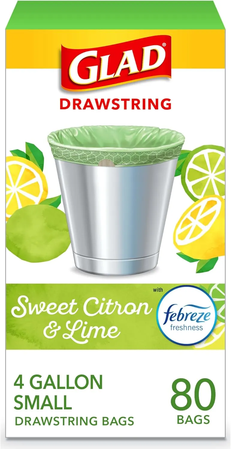 Glad Odorshield Small Drawstring Trash Bags, 4 Gal, Sweet Citron and Lime, 80 Ct, Pack May Vary