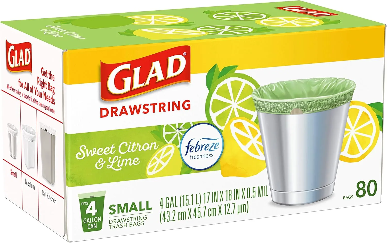 Glad Odorshield Small Drawstring Trash Bags, 4 Gal, Sweet Citron and Lime, 80 Ct, Pack May Vary