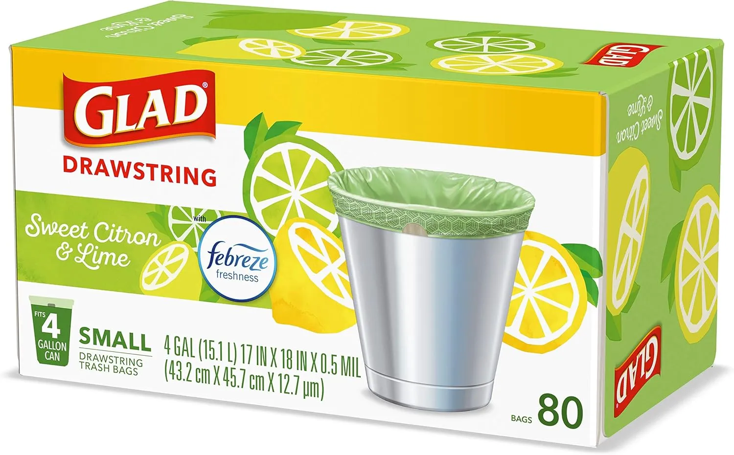 Glad Odorshield Small Drawstring Trash Bags, 4 Gal, Sweet Citron and Lime, 80 Ct, Pack May Vary