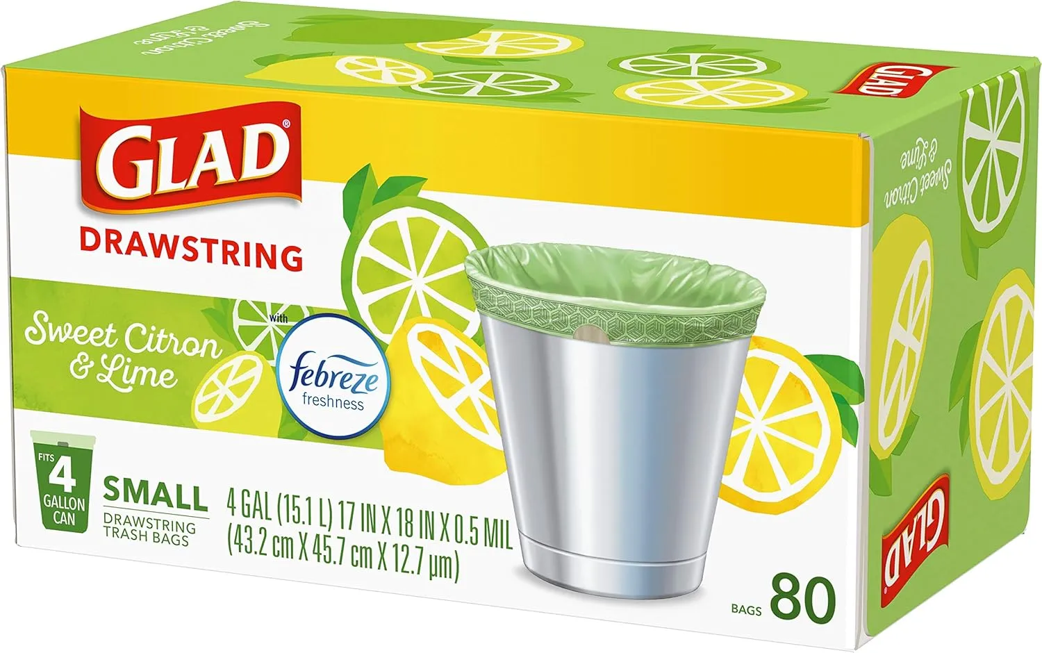 Glad Odorshield Small Drawstring Trash Bags, 4 Gal, Sweet Citron and Lime, 80 Ct, Pack May Vary