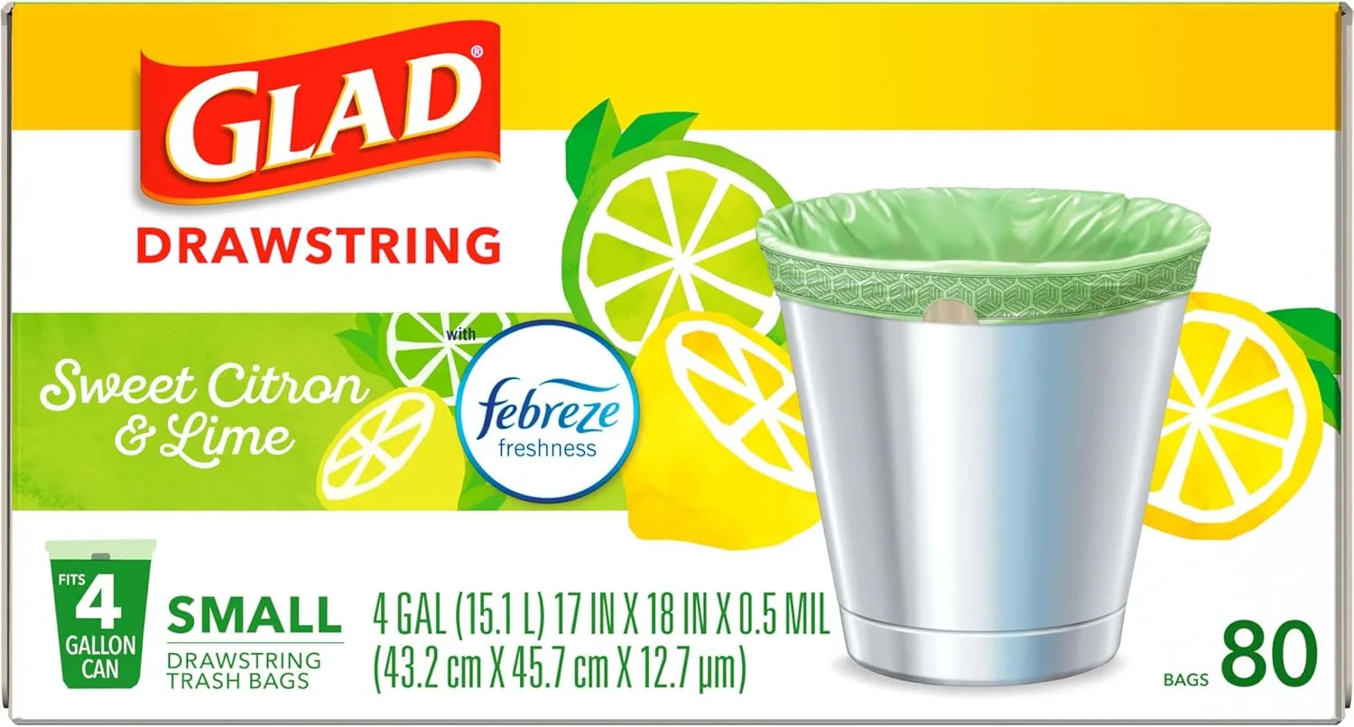 Glad Odorshield Small Drawstring Trash Bags, 4 Gal, Sweet Citron and Lime, 80 Ct, Pack May Vary