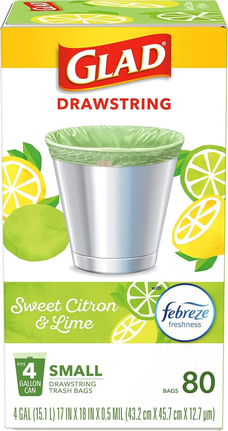 Glad Odorshield Small Drawstring Trash Bags, 4 Gal, Sweet Citron and Lime, 80 Ct, Pack May Vary