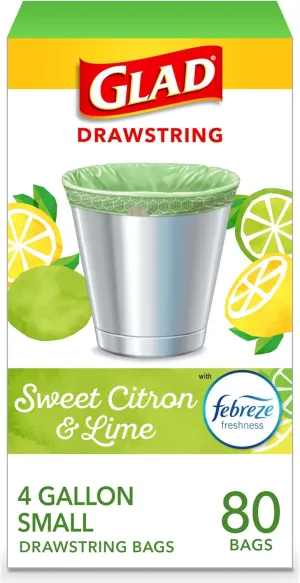 Glad Odorshield Small Drawstring Trash Bags, 4 Gal, Sweet Citron and Lime, 80 Ct, Pack May Vary