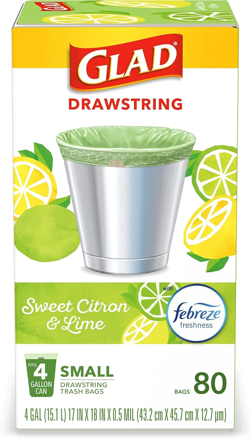 Glad Odorshield Small Drawstring Trash Bags, 4 Gal, Sweet Citron and Lime, 80 Ct, Pack May Vary