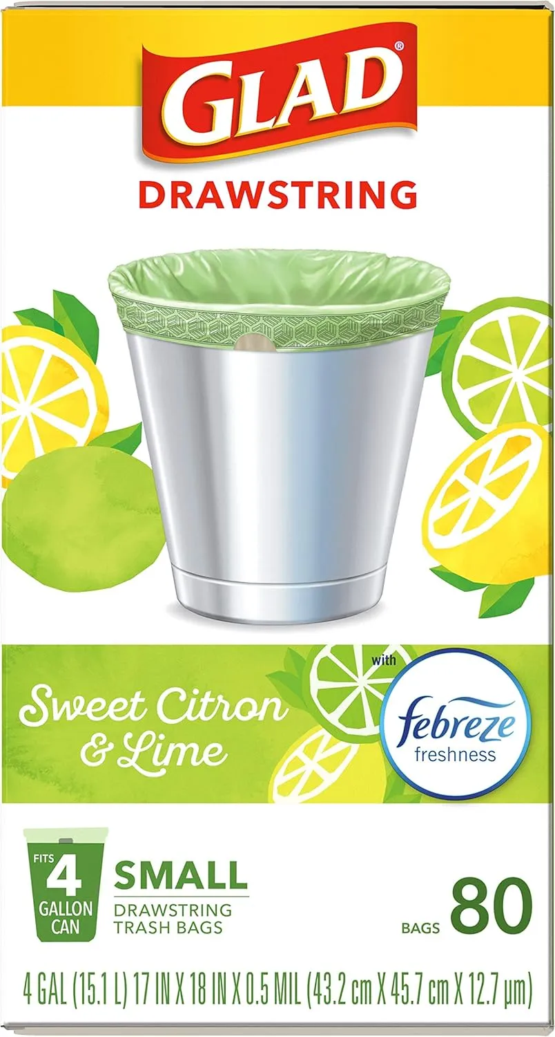 Glad Odorshield Small Drawstring Trash Bags, 4 Gal, Sweet Citron and Lime, 80 Ct, Pack May Vary