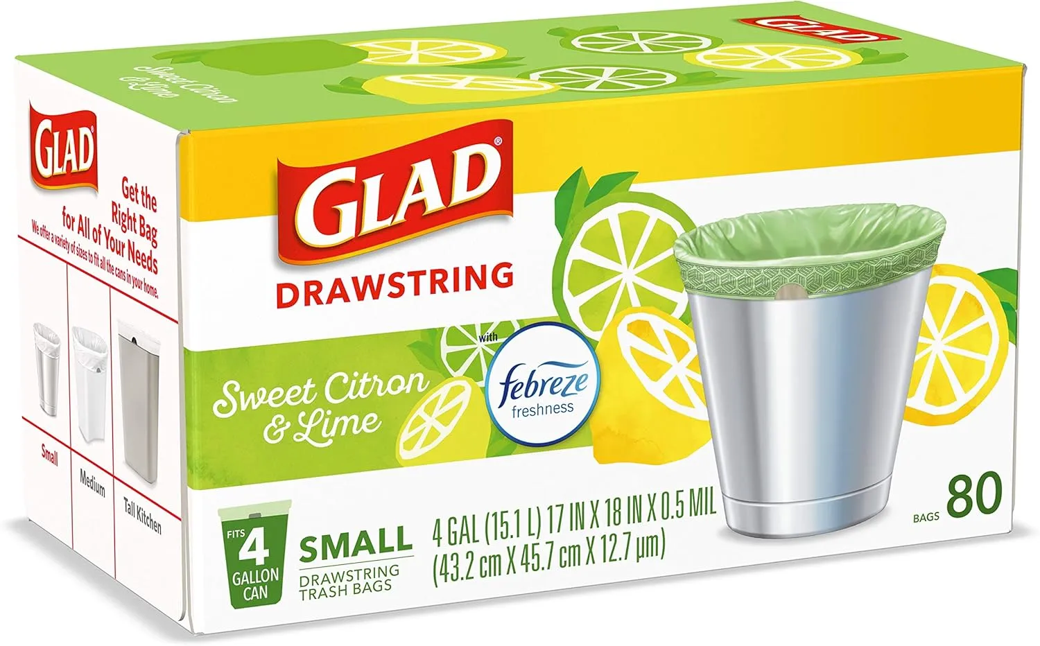 Glad Odorshield Small Drawstring Trash Bags, 4 Gal, Sweet Citron and Lime, 80 Ct, Pack May Vary