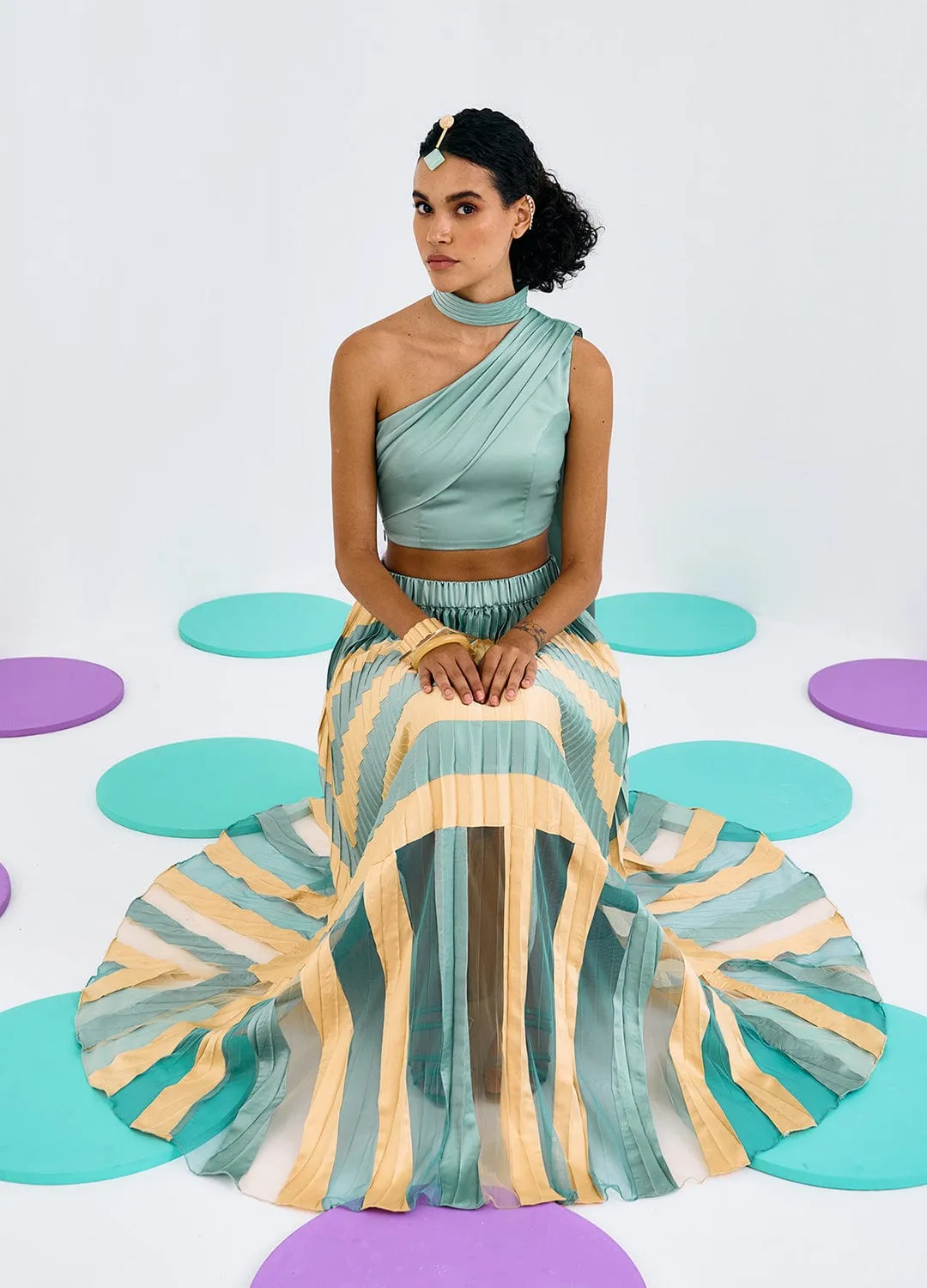 GREEN YELLOW COLORBLOCK PLEATED SKIRT