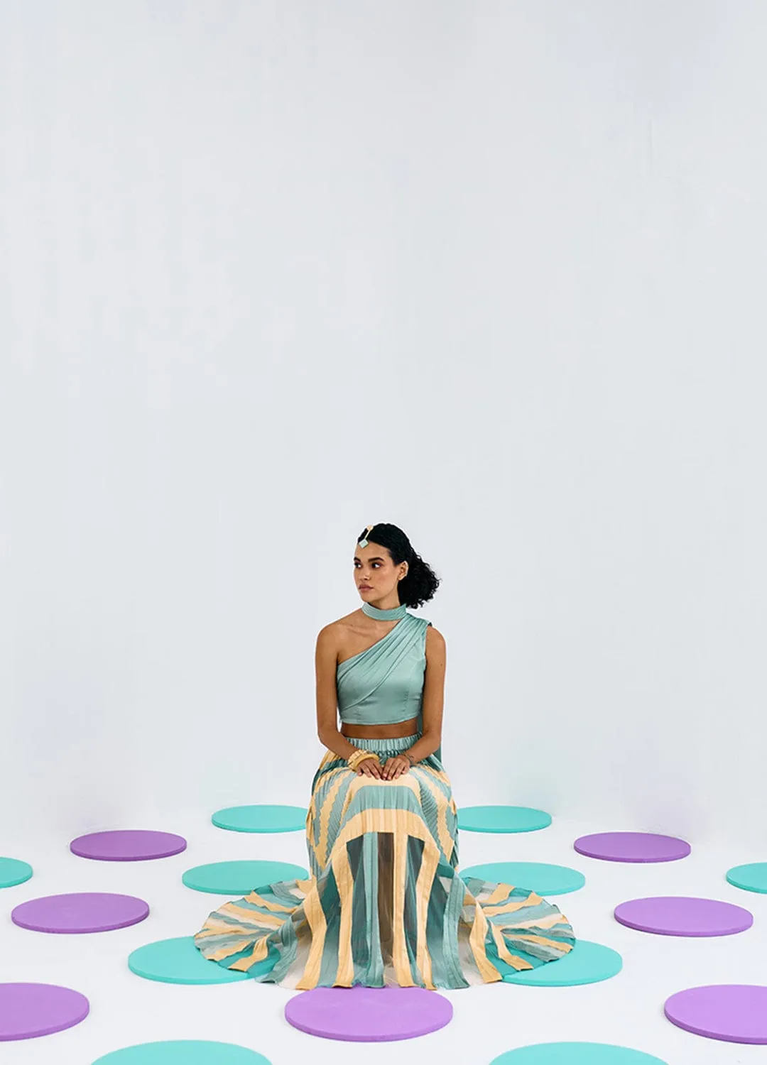 GREEN YELLOW COLORBLOCK PLEATED SKIRT