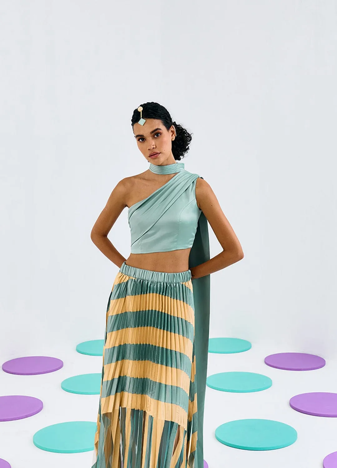 GREEN YELLOW COLORBLOCK PLEATED SKIRT
