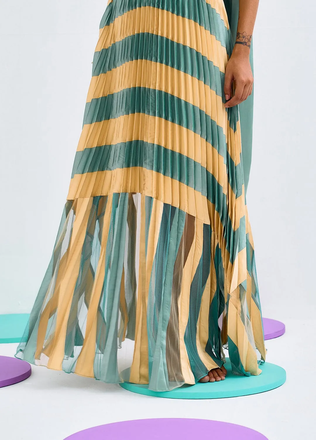 GREEN YELLOW COLORBLOCK PLEATED SKIRT