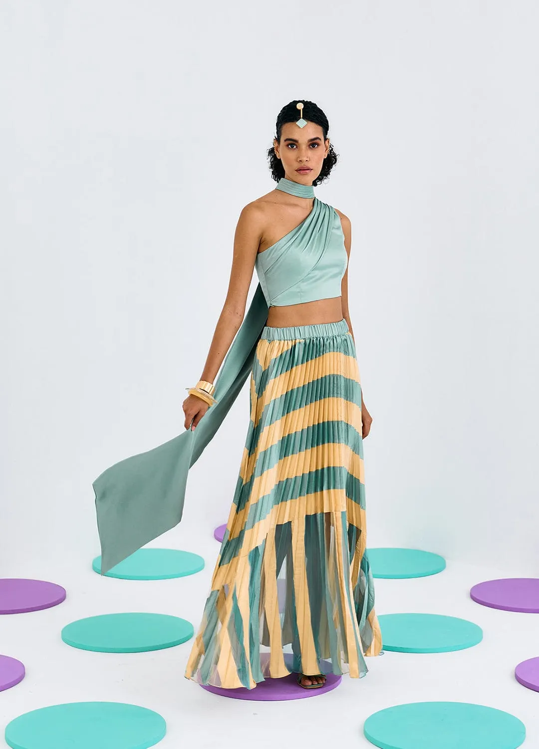 GREEN YELLOW COLORBLOCK PLEATED SKIRT
