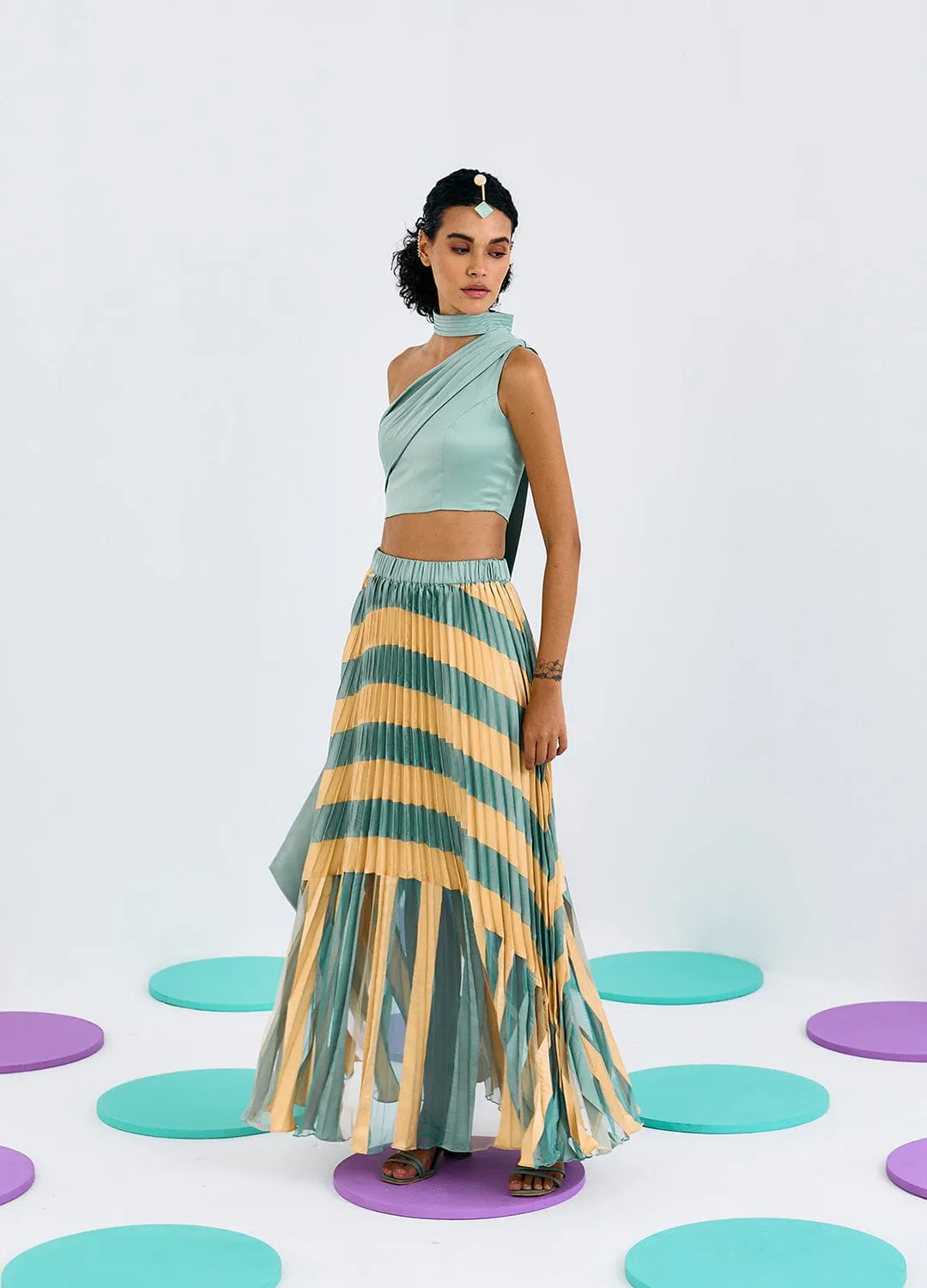 GREEN YELLOW COLORBLOCK PLEATED SKIRT