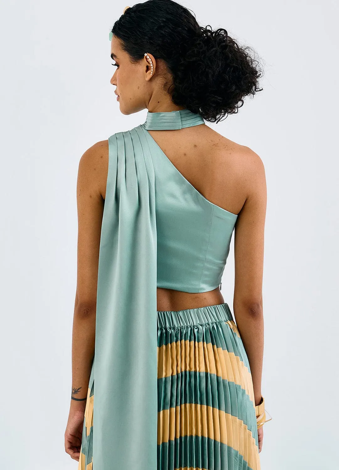 GREEN YELLOW COLORBLOCK PLEATED SKIRT