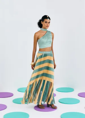 GREEN YELLOW COLORBLOCK PLEATED SKIRT