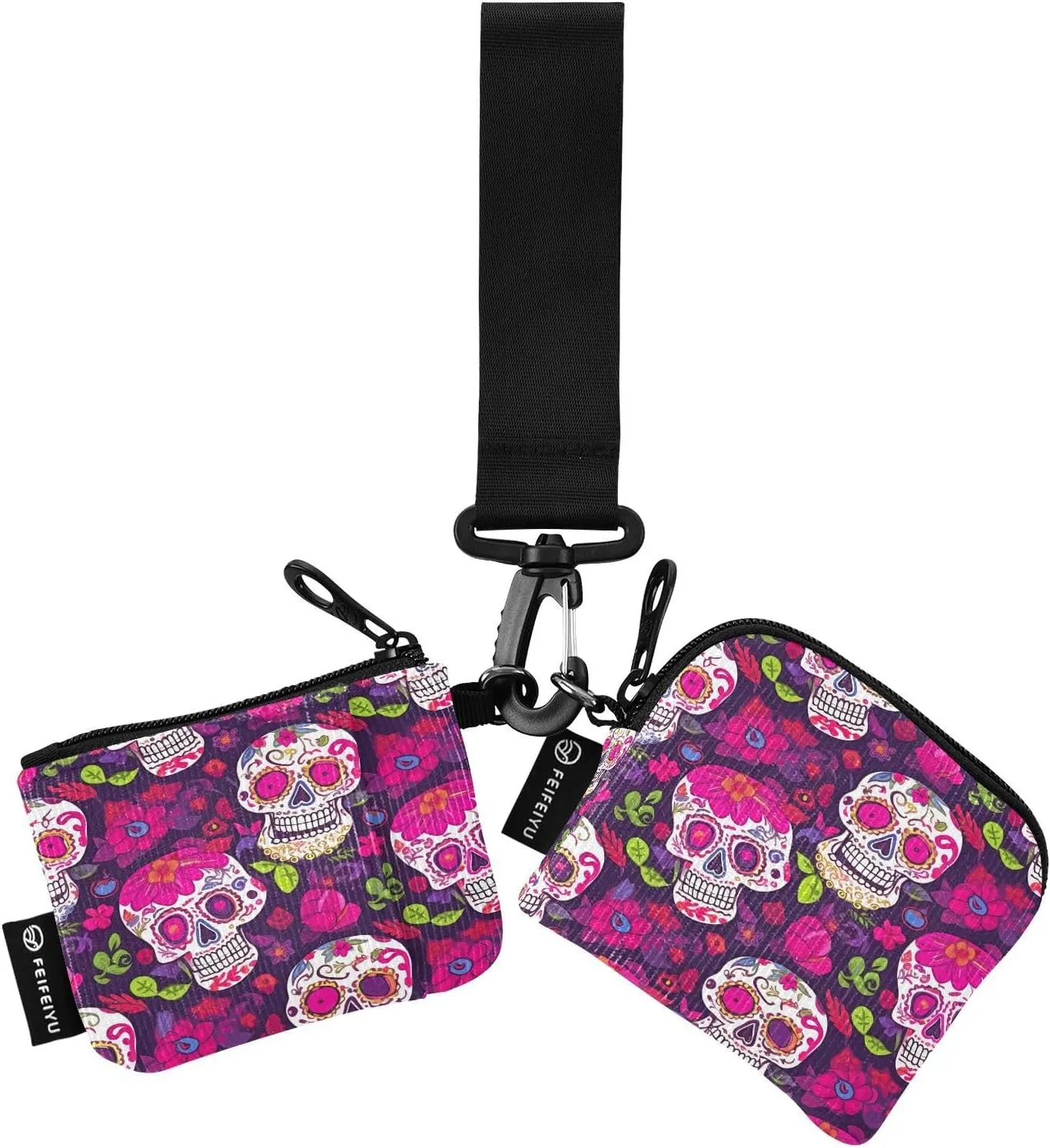 Halloween Skull Zip Around Wristlet Wallet for Women Portable Detachable Dual Pocket Keychain Wallet Wrist Wallet