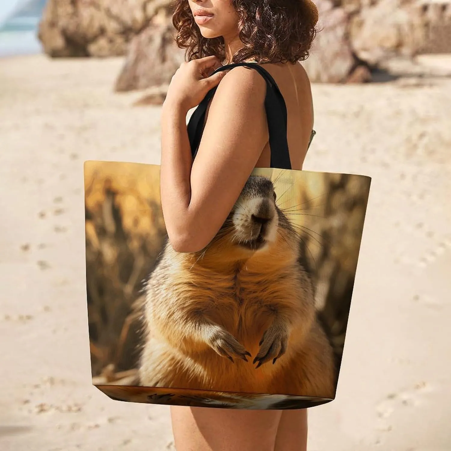 Hand Drawn Groundhog Beach Bag Reusable Tote Bag Foldable Grocery Bags Women Shopping Bags for Daily Essentials