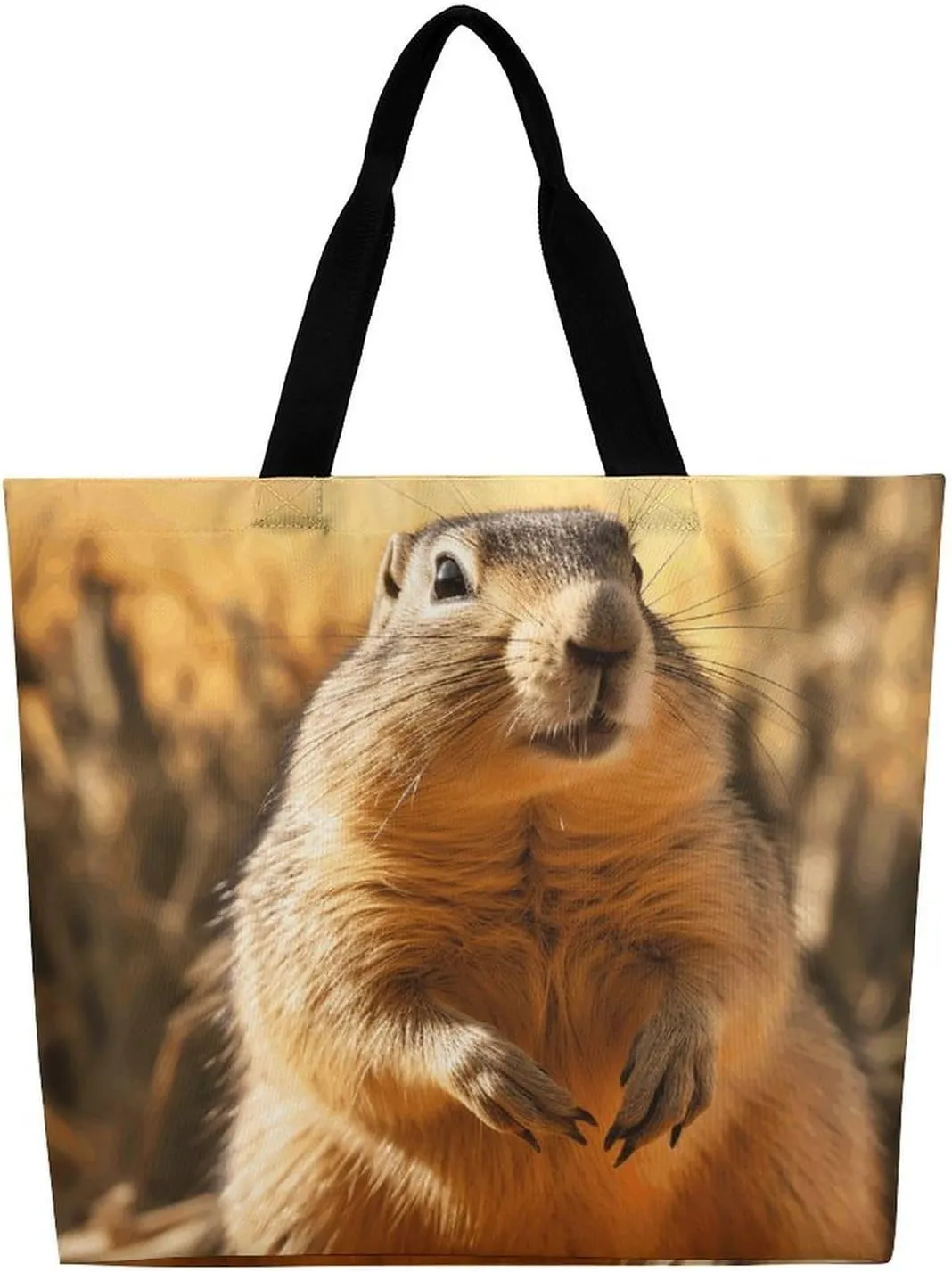 Hand Drawn Groundhog Beach Bag Reusable Tote Bag Foldable Grocery Bags Women Shopping Bags for Daily Essentials