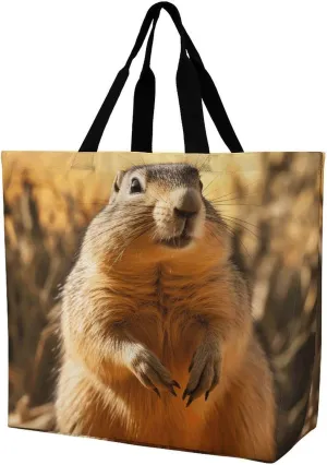 Hand Drawn Groundhog Beach Bag Reusable Tote Bag Foldable Grocery Bags Women Shopping Bags for Daily Essentials