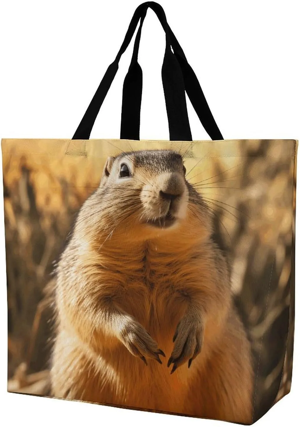 Hand Drawn Groundhog Beach Bag Reusable Tote Bag Foldable Grocery Bags Women Shopping Bags for Daily Essentials