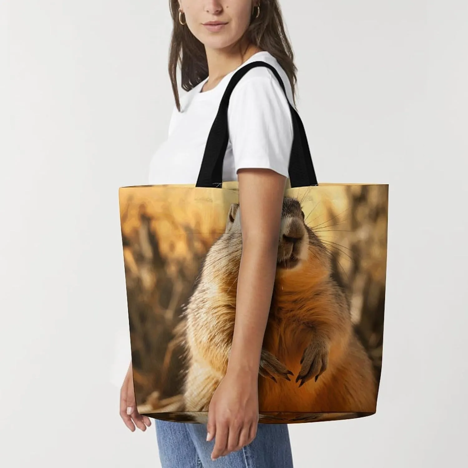 Hand Drawn Groundhog Beach Bag Reusable Tote Bag Foldable Grocery Bags Women Shopping Bags for Daily Essentials