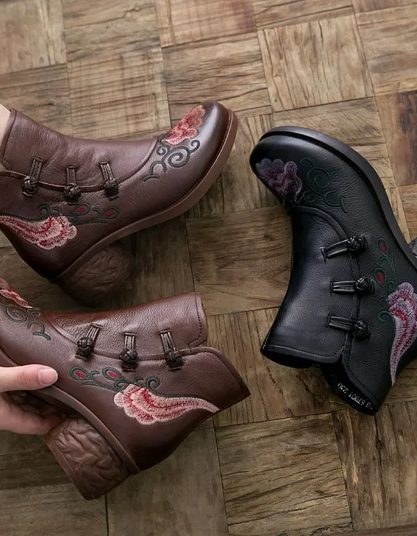 Handmade Embroidery Retro Leather Boots Chunky Heels