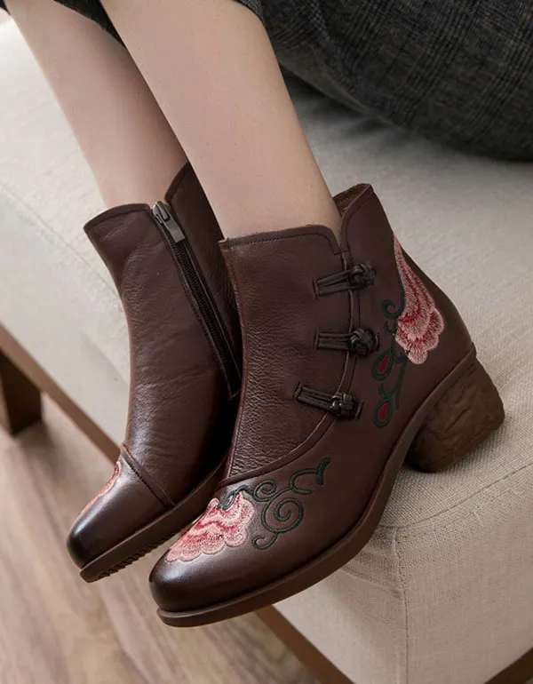 Handmade Embroidery Retro Leather Boots Chunky Heels
