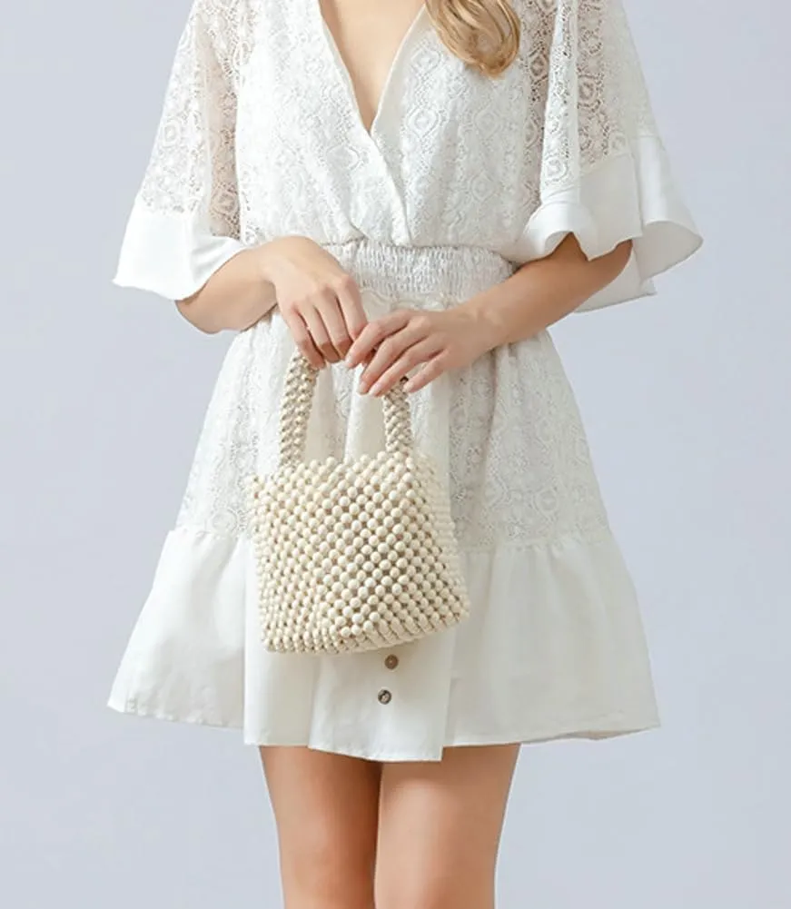 Handwoven Handbags for Women Wood Beads Hollow Mini Purses Summer Beach Totes Evening Bucket Bags for Party