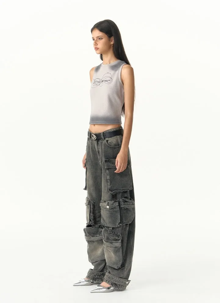 Heavy-Distress Multi-Pocket Cargo Jeans