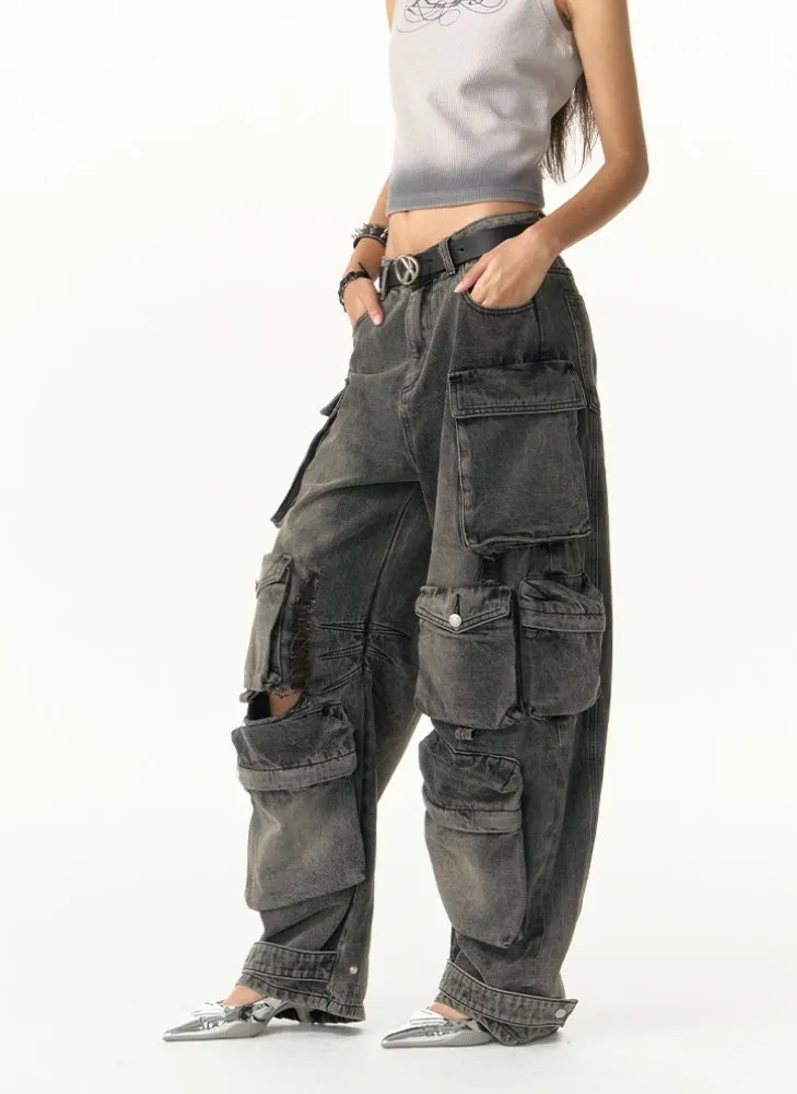 Heavy-Distress Multi-Pocket Cargo Jeans
