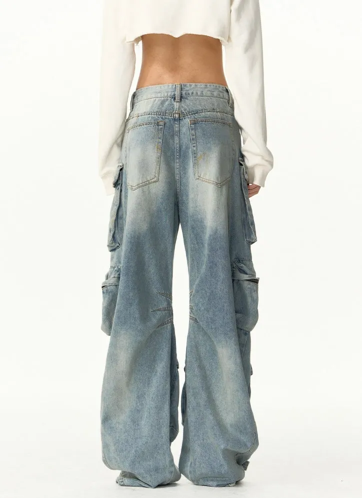 Heavy-Distress Multi-Pocket Cargo Jeans