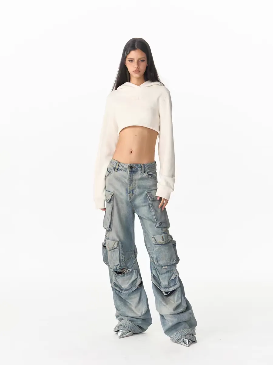 Heavy-Distress Multi-Pocket Cargo Jeans