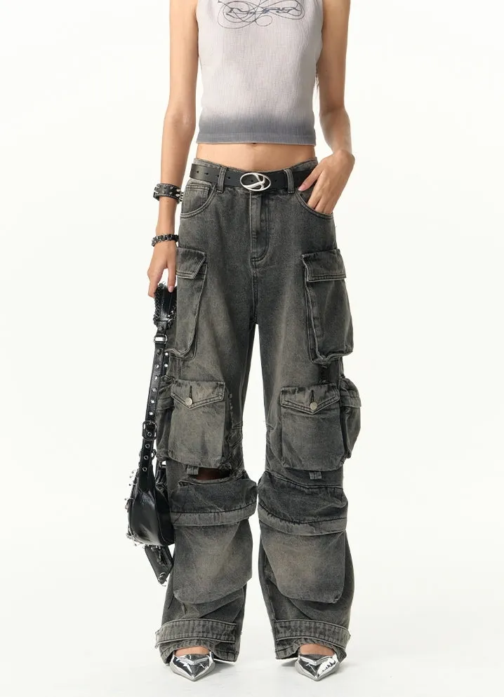 Heavy-Distress Multi-Pocket Cargo Jeans