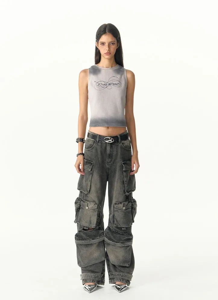 Heavy-Distress Multi-Pocket Cargo Jeans