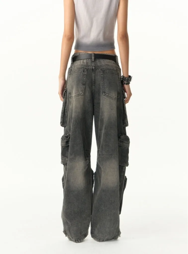 Heavy-Distress Multi-Pocket Cargo Jeans