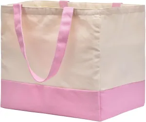 Heavy Duty Canvas Reusable Grocery Bags, 8.3 Gal Foldable Large Tote with Handles, Holds 60 lbs, Washable Eco-friendly Bags with 5 Pockets, Pink Off White