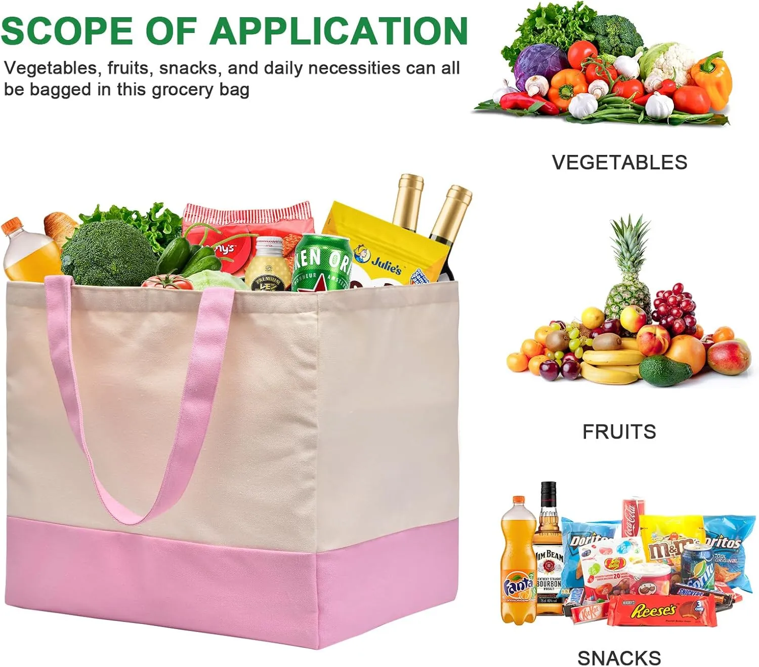 Heavy Duty Canvas Reusable Grocery Bags, 8.3 Gal Foldable Large Tote with Handles, Holds 60 lbs, Washable Eco-friendly Bags with 5 Pockets, Pink Off White