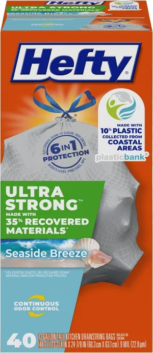 Hefty Ultra Strong 13 Gallon Trash Bags, Tall Kitchen Trash Bags Made with Recovered Materials, Including Coastal Plastic, Drawstring, Resists Leaks and Punctures, Gray, Seaside Breeze Scent, 40 Bags