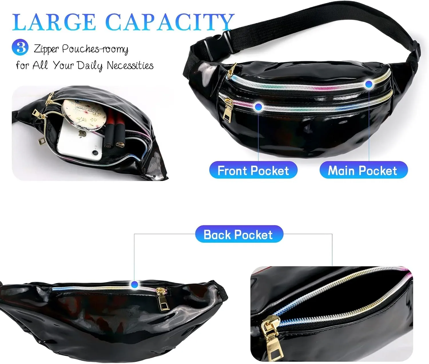 Holographic Fanny Packs for Women Festival Party Rave Shiny Phanny Pack Travel Hiking Waist Packs