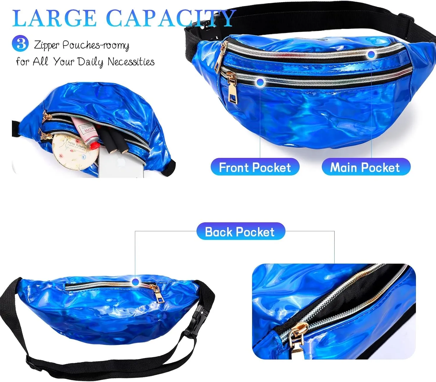Holographic Fanny Packs for Women Festival Party Rave Shiny Phanny Pack Travel Hiking Waist Packs